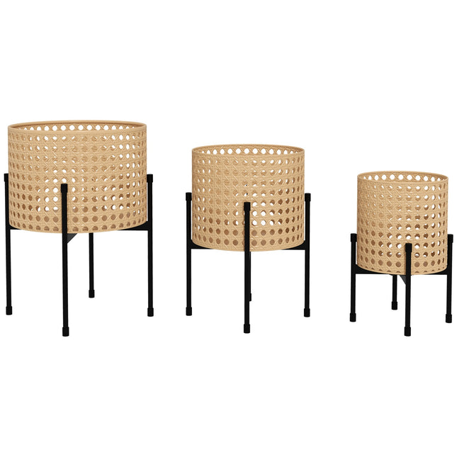 Gold Rattan-Look Plant Stand Set, indoor/outdoor, 3-piece