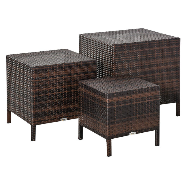 Polyrattan Set of 3 brown coffee tables, different sizes