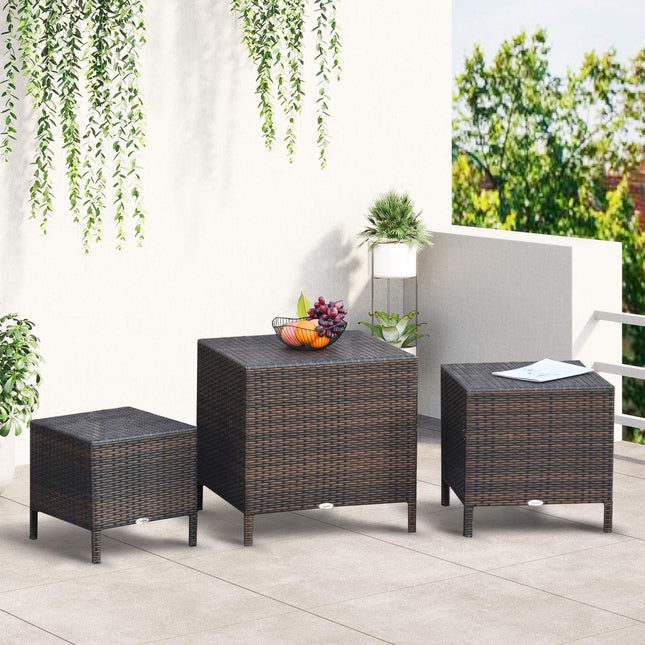 Polyrattan Set of 3 brown coffee tables, different sizes