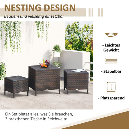 Polyrattan Set of 3 brown coffee tables, different sizes