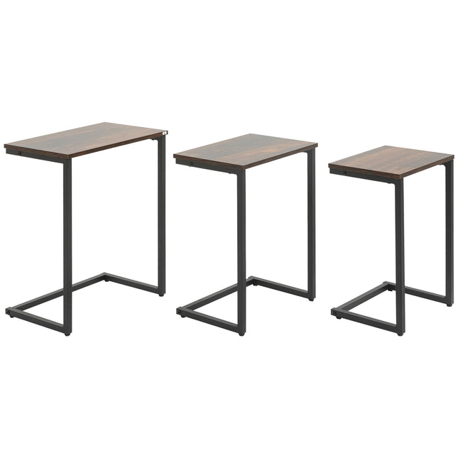 Set of 3 C-shaped side tables, industrial steel, rustic brown