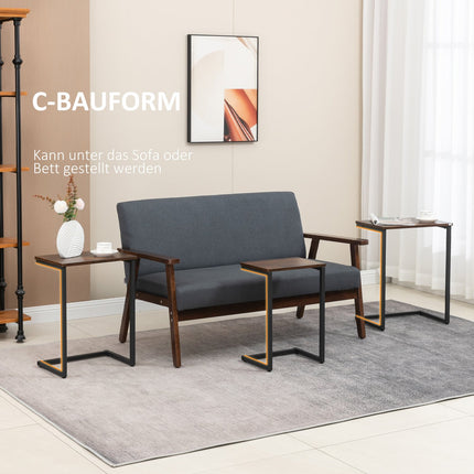 Set of 3 C-shaped side tables, industrial steel, rustic brown