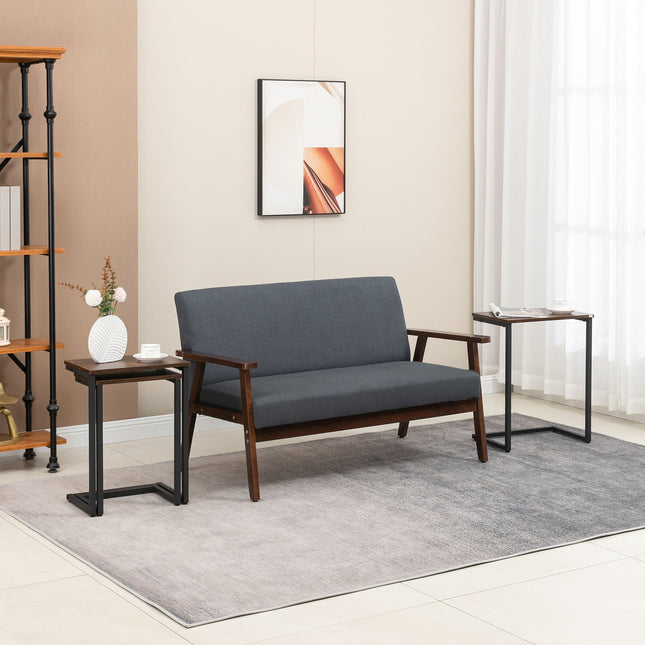 Set of 3 C-shaped side tables, industrial steel, rustic brown