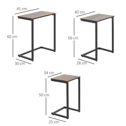 Set of 3 C-shaped side tables, industrial steel, rustic brown