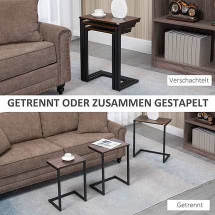 Set of 3 C-shaped side tables, industrial steel, rustic brown