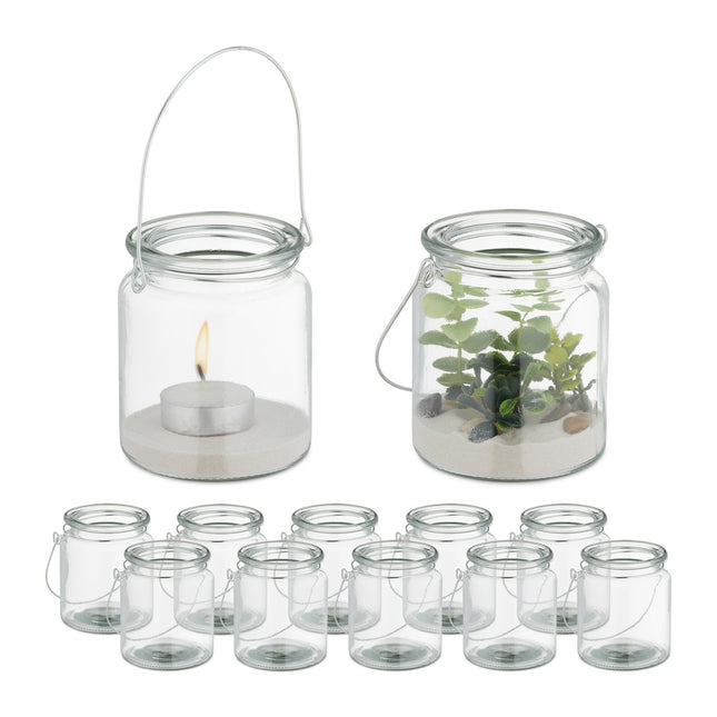 Set of 12 Glass Candle Lanterns with Handles