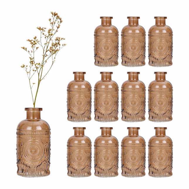 Set of 12 Small Glass Vases with Embossed Design