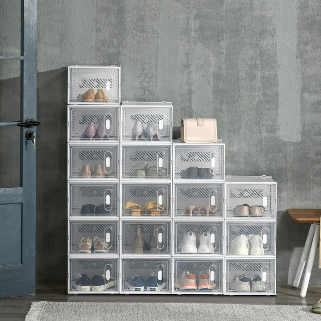 Set van 18 schoenendozen, schoenenorganizer met magnetische deuren, schoenendoos met deksel, kunststof schoenenopberger, voor schoenen tot maat 45, transparant + wit Aosoom