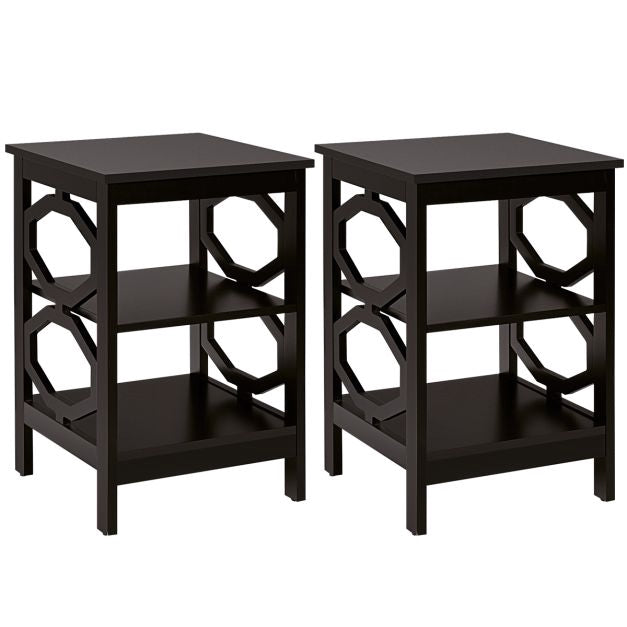 Set of 2 3-Tier Nightstands, Open Shelf, Espresso