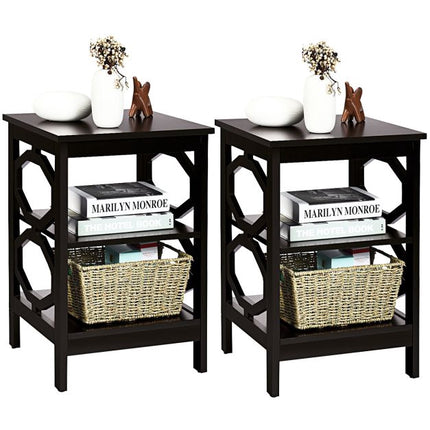 Set of 2 3-Tier Nightstands, Open Shelf, Espresso
