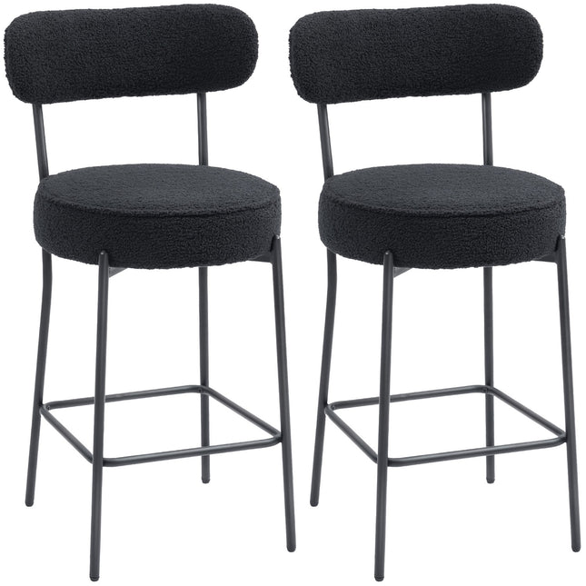 Set of 2 Bar Stools, Padded Seat, Fleece, Black