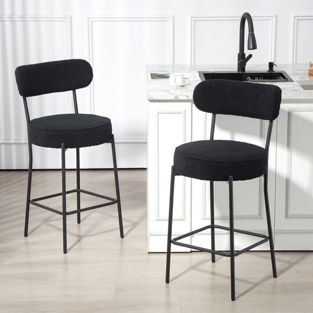 Set of 2 Bar Stools, Padded Seat, Fleece, Black