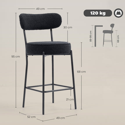 Set of 2 Bar Stools, Padded Seat, Fleece, Black