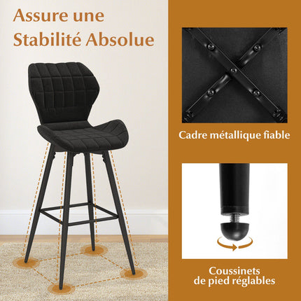 Set of 2 Bar Stools With Backrest, Footrest, Padded Seat