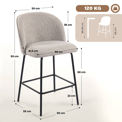 Set of 2 Bar Stools with Backrest and Footrest, Light Grey