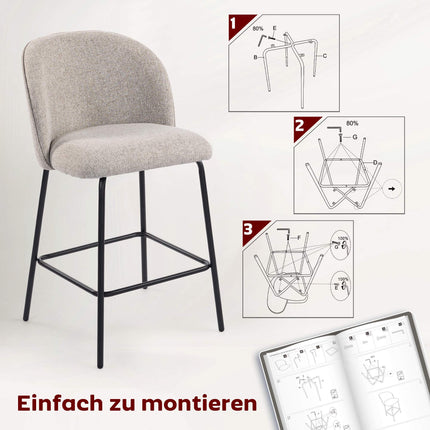 Set of 2 Bar Stools with Backrest and Footrest, Light Grey