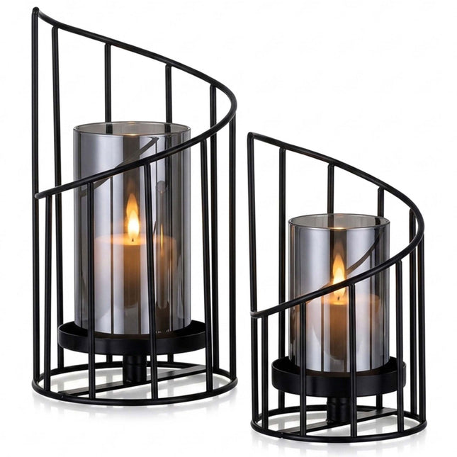 Set of 2 Black Iron Glass Lanterns for Candles