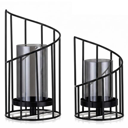 Set of 2 Black Iron Glass Lanterns for Candles
