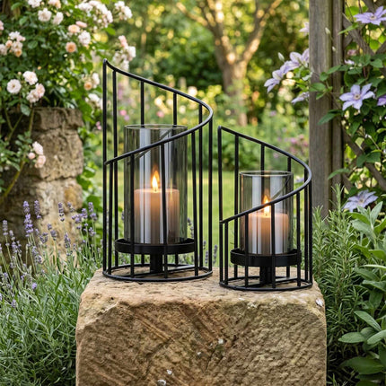 Set of 2 Black Iron Glass Lanterns for Candles