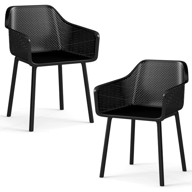 Set van 2 zwarte plastic eetkamerstoelen met rugleuning van gaas.