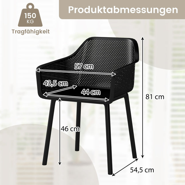 Set van 2 zwarte plastic eetkamerstoelen met rugleuning van gaas.