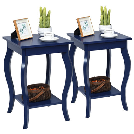Set of 2 Blue Side Tables with 2-Tier Storage Shelves