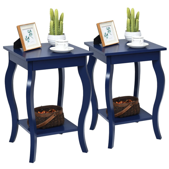 Set of 2 Blue Side Tables with 2-Tier Storage Shelves