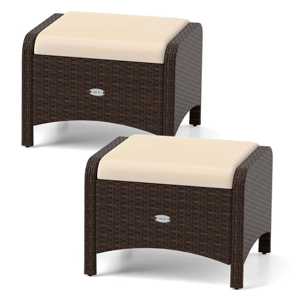 Set of 2 Brown Rattan Pouf Stools with Cushions