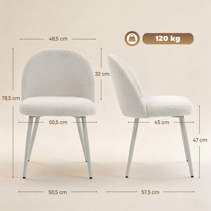 Set of 2 Cream Dining Chairs, Chenille Upholstery, 120kg Capacity