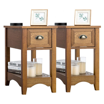 Set of 2 End Tables With Drawer and Shelf, Walnut