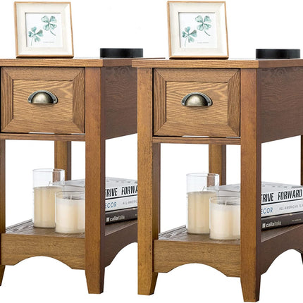 Set of 2 End Tables With Drawer and Shelf, Walnut