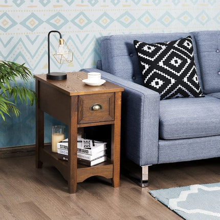 Set of 2 End Tables With Drawer and Shelf, Walnut