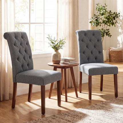 Set of 2 Grey Dining Chairs, Padded Seat, Wood Legs