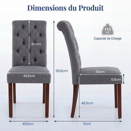 Set of 2 Grey Dining Chairs, Padded Seat, Wood Legs