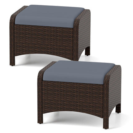 Set of 2 Grey Rattan Garden Pouf Stools with Cushions
