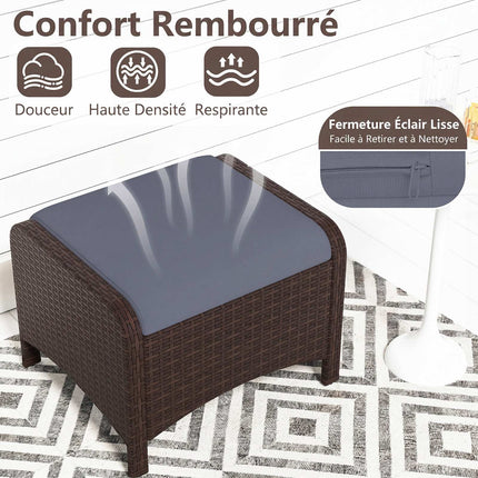 Set of 2 Grey Rattan Garden Pouf Stools with Cushions