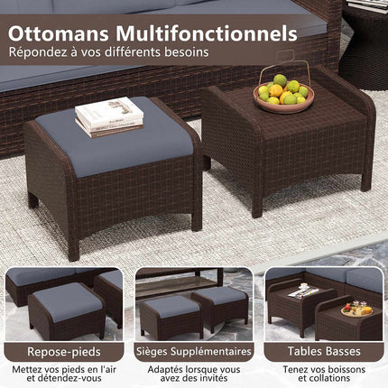 Set of 2 Grey Rattan Garden Pouf Stools with Cushions