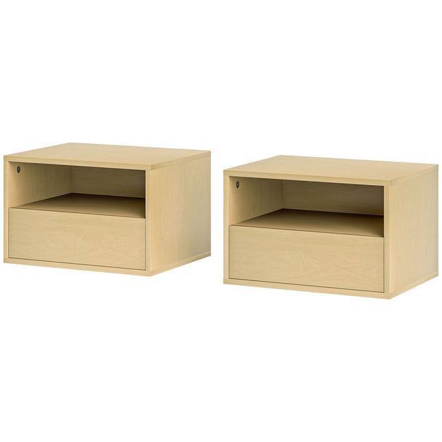 Floating bedside table - natural wood, drawer, shelf