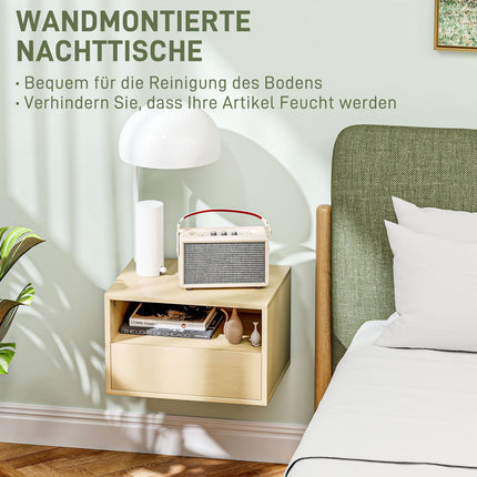 Set van 2 hangende nachtkastjes, zwevend nachtkastje met lade, open plank, wandkast voor slaapkamer, woonkamer, 45 x 35 x 27,5 cm, natuurlijk hout