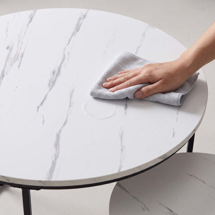 Set of 2 Marble-Effect Metal Side Tables – White/Black