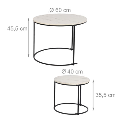 Set of 2 Marble-Effect Metal Side Tables – White/Black
