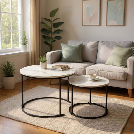Set of 2 Marble-Effect Metal Side Tables – White/Black