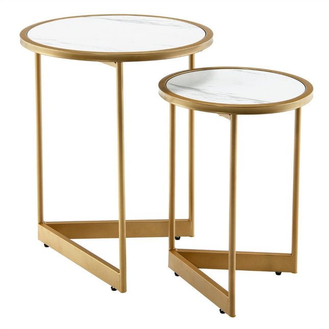 Set of 2 Marble Look Coffee Tables with Gold Metal Legs Modern Side Table