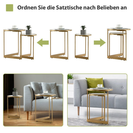 Set of 2 Marble Look Coffee Tables with Gold Metal Legs Modern Side Table
