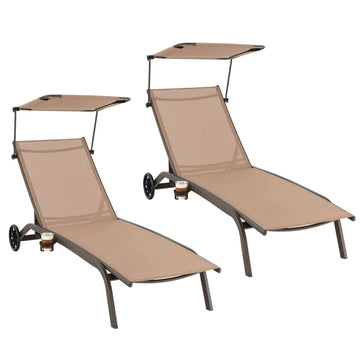 Set of 2 Metal Patio Loungers with Canopy & Wheels