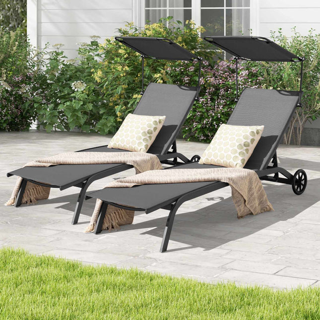 Set of 2 Reclining Sun Loungers with Canopy & Wheels