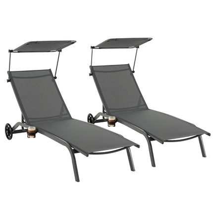 Set of 2 Reclining Sun Loungers with Canopy & Wheels