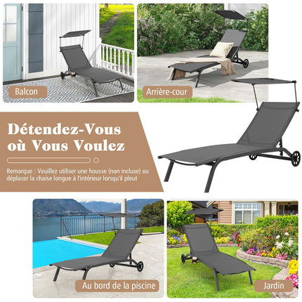 Set of 2 Reclining Sun Loungers with Canopy & Wheels
