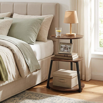 Set of 2 Round 3-Tier Side Tables, Brown Wood, Metal Frame