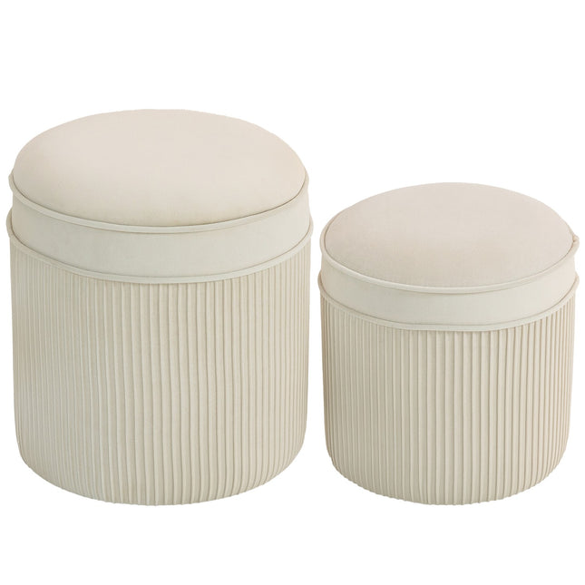 Set van 2 opbergpoefs, rond fluweel, crème, 36x36x41,5 cm